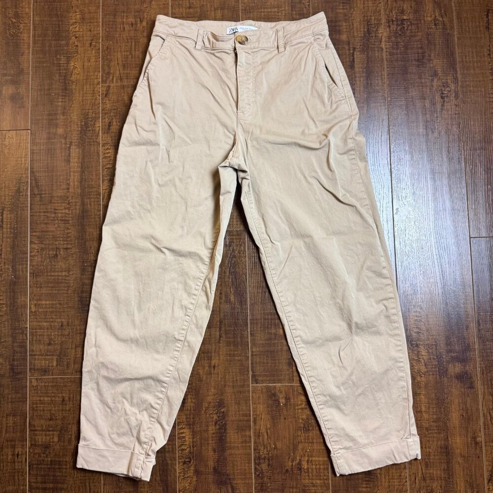 ZARA High Waist Mom Fit Women's Cropped Pants Ankle Slacks Solid Beige 34 / 2